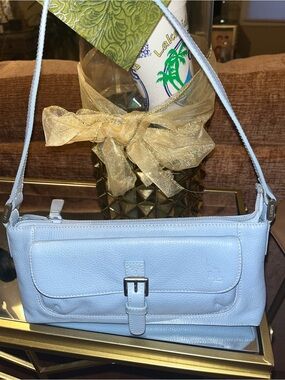 Lauren Ralph Lauren Pale Blue Leather Shoulder Bag with Front Buckle